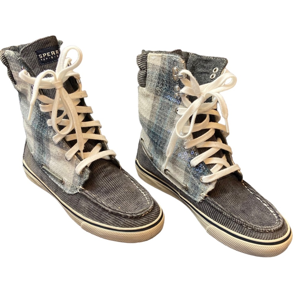 Sperry Topsider Grey sequined ankle boots charcoal corduroy women’s size 7